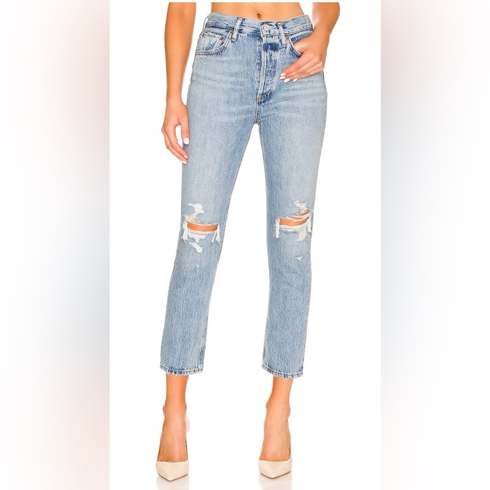 AGOLDE Riley High Rise Straight Crop Light Wash Distressed Denim Jeans, Sz. 25